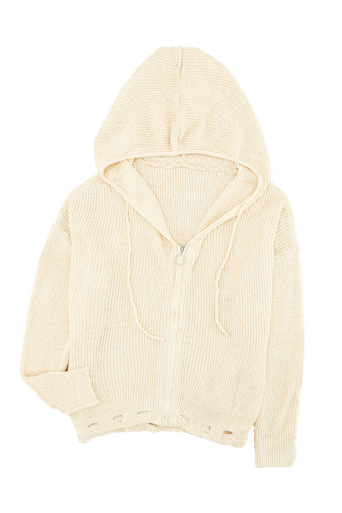 Zipper V-Neck Dropped Sleeve Hooded Solid Sweater